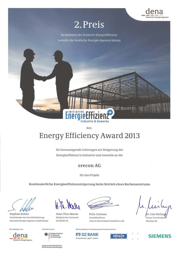 2. Preis Dena Energy Efficiency Award 2013 erecon AG