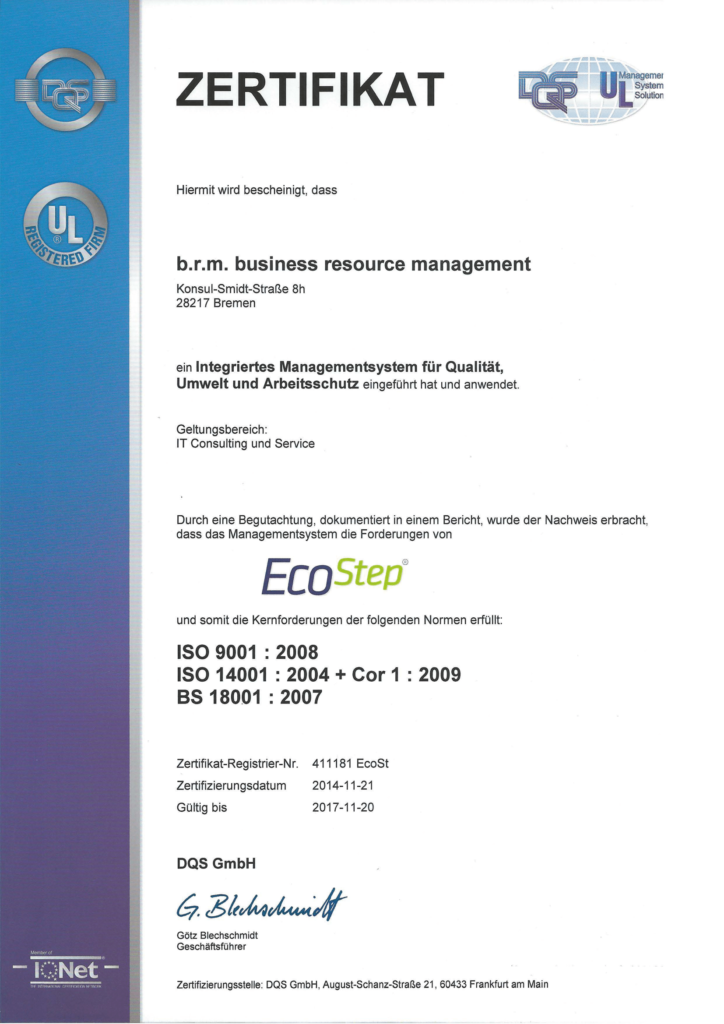 Zertifikat EcoStep 2014 brm IT Service in Bremen