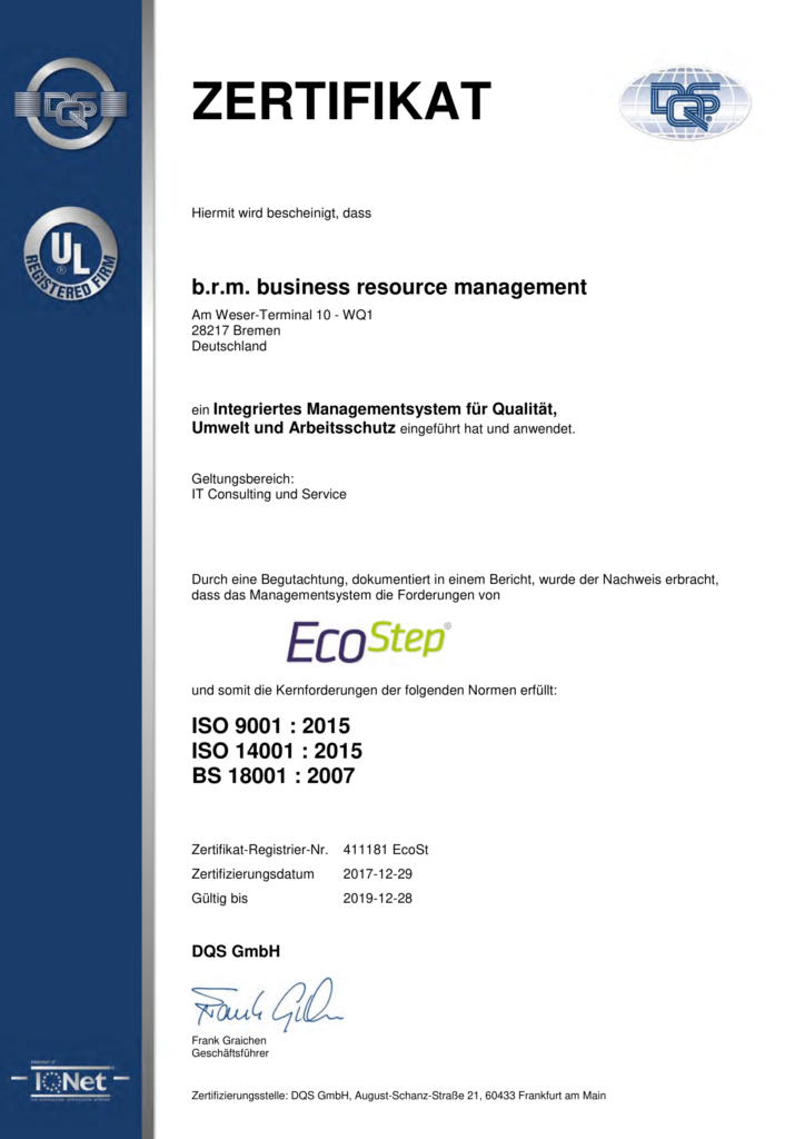 Zertifikat EcoStep 2017 brm IT Service in Bremen
