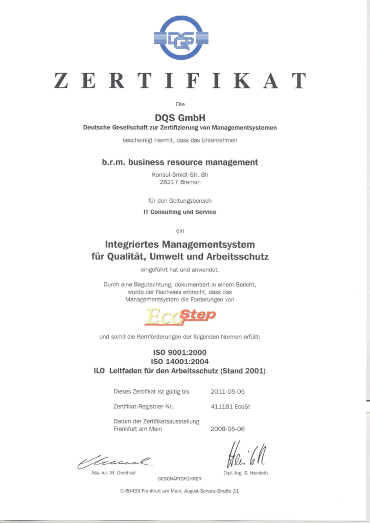 Zertifikat EcoStep 2008 brm IT Service in Bremen
