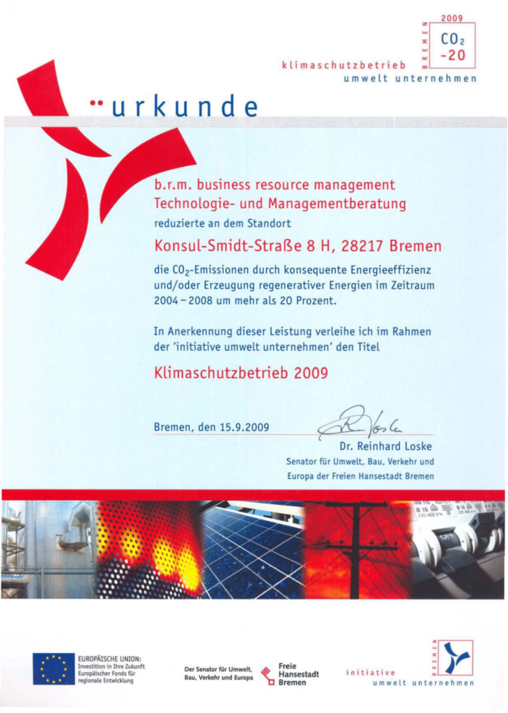Urkunde Klimaschutzbetrieb brm IT Service in Bremen