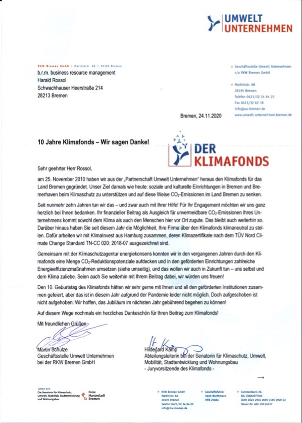 10 Jahre Klimafonds b.r.m. IT Service Bremen
