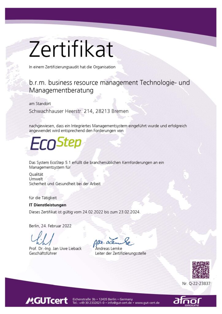 Zertifikat Managementsystem EcoStep 5.1 IT-Service Bremen b.r.m.
