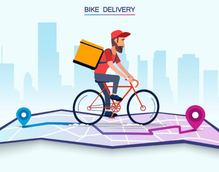 Delivery, the guy on the bike carries the parcel. Urban landscape. courier driving bike fast food food. Flat design vector illustration.