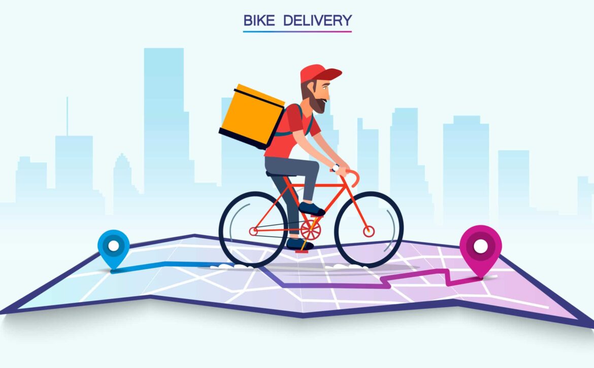 Delivery, the guy on the bike carries the parcel. Urban landscape. courier driving bike fast food food. Flat design vector illustration.