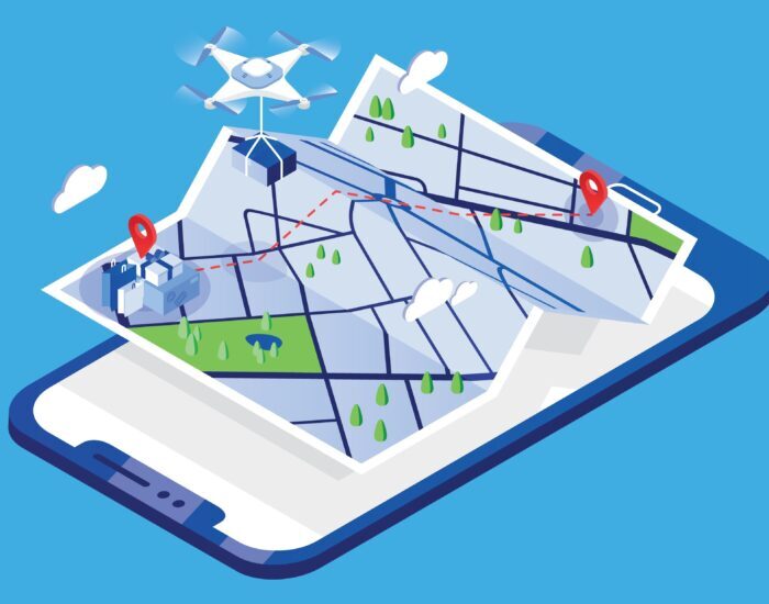 Drone carrying parcel and flying above paper city map and giant mobile phone. Delivery or shipping service with automatic quadrotor, modern electronic device. Colored isometric vector illustration.