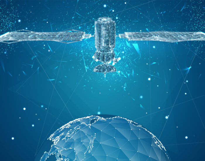 vector 3d background. communication satellite in a volumetric tr