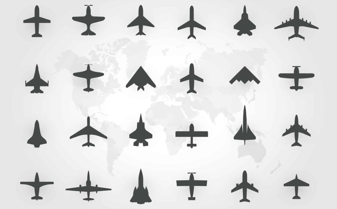 Aircraft top view icon set. Set of black silhouette airplanes, jets, airliners and retro planes icons. Isolated vector logos template on white background.