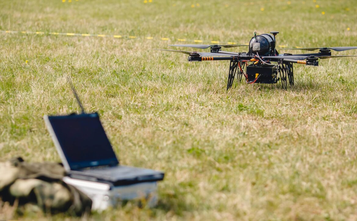 Military hybrid drone aerial test runs on hydrogen to detect people and put out fires