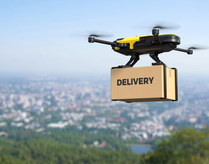 Drone delivering goods in the city, Autonomous delivery robot, B